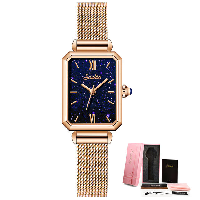 SUNKTA new mesh strap simple elegant square quartz movement calendar ladies watch ST6690