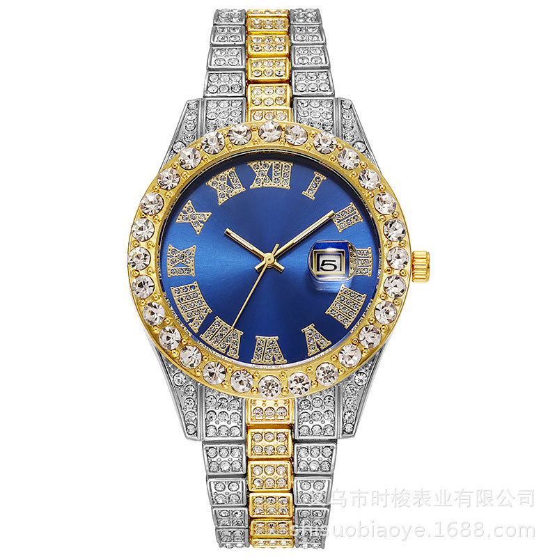 Hiphop watch European and American hot style men's steel belt hip-hop Roman scale diamond calendar men's quartz watch