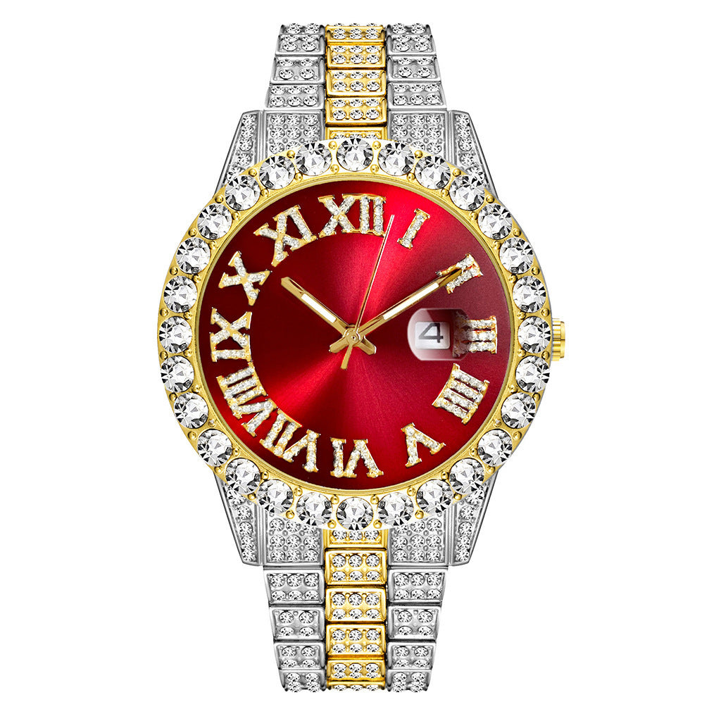 Foreign trade popular business large dial full of diamonds and sparkling steel band with calendar quartz watch (2pcs/set)