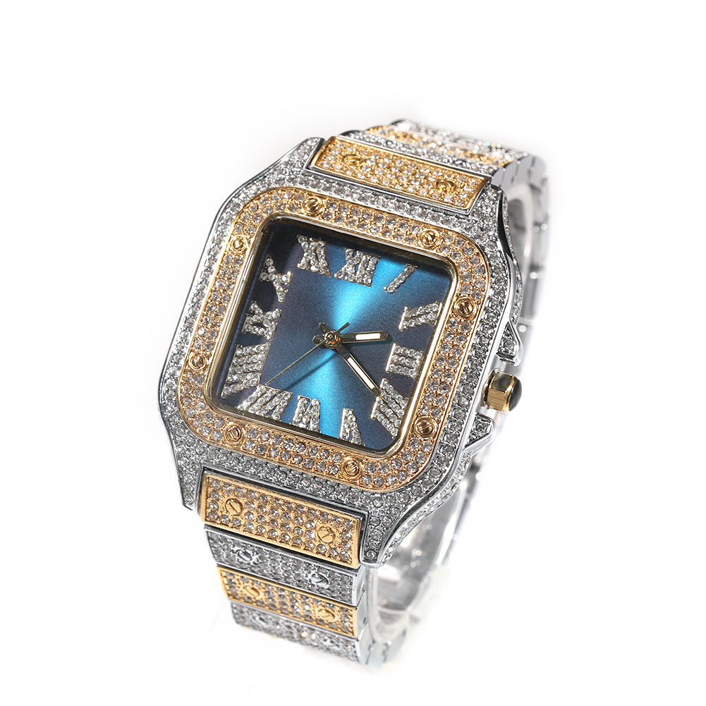 European and American hip-hop Roman scale quartz watch Fashion full diamond square dial men's watch cross-border supply