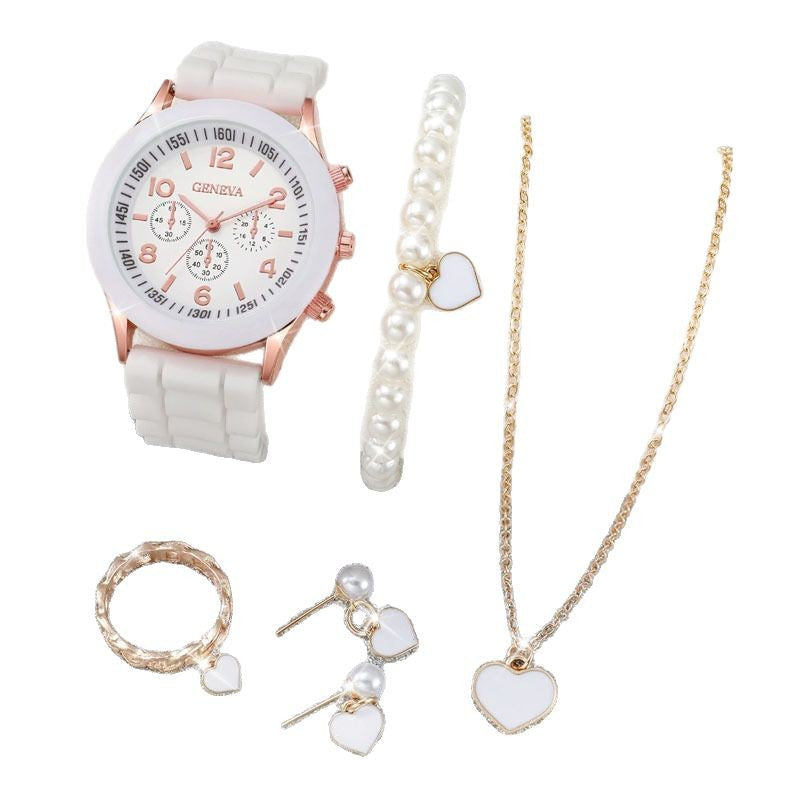 6PCS/set Women's Watch Fashion Silicone Strap Quartz Watch Pearl Heart Shape Jewelry Set (Without Box)