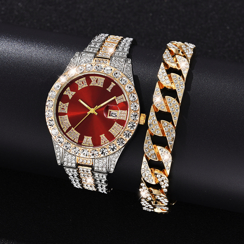 Foreign trade popular business large dial full of diamonds and sparkling steel band with calendar quartz watch (2pcs/set)