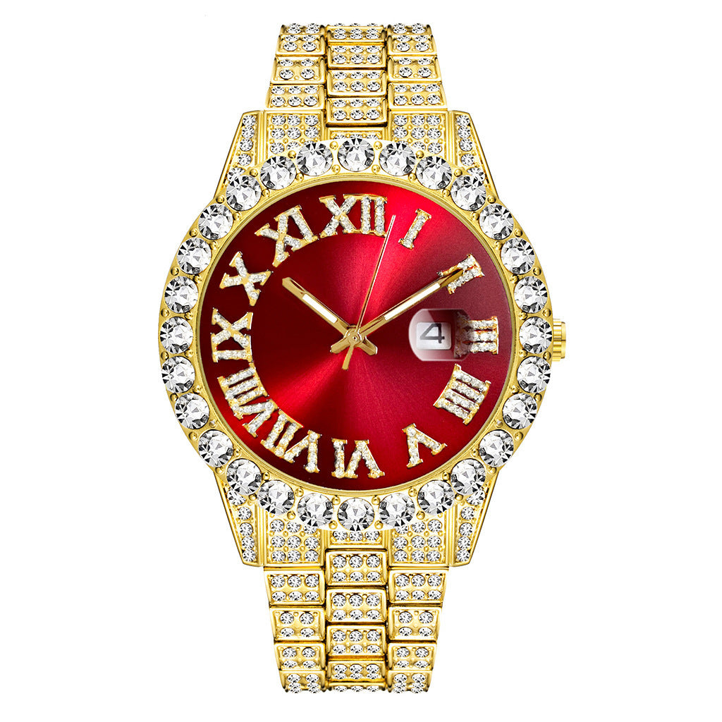 Foreign trade popular business large dial full of diamonds and sparkling steel band with calendar quartz watch (2pcs/set)