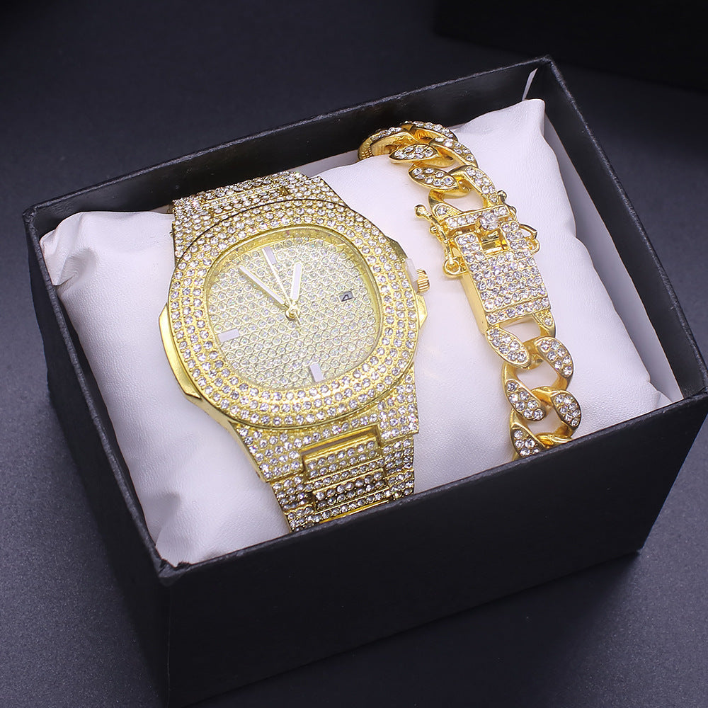 Casual, trendy and personalized large square dial full of diamonds steel band quartz watch + bracelet (2pcs/set)