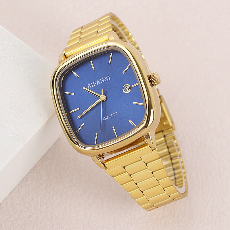 Neutral style steel band watch retro gold small square watch calendar high-end men and women commuter watch gold brick quartz watch