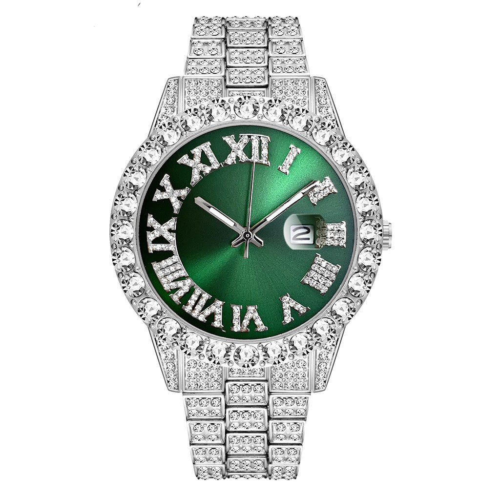 Foreign trade popular business large dial full of diamonds and sparkling steel band with calendar quartz watch (2pcs/set)