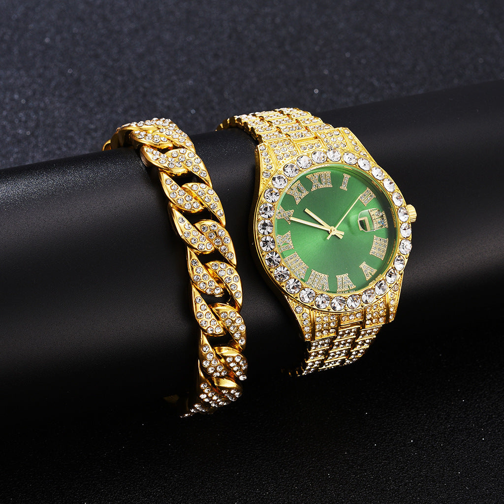 Foreign trade popular business large dial full of diamonds and sparkling steel band with calendar quartz watch (2pcs/set)