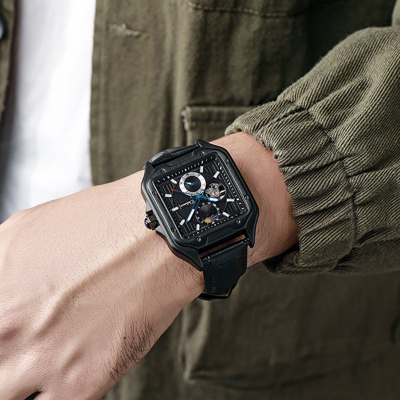 Flywheel Waterproof Hollow Out Trendy Men's Square Automatic Mechanical Watch