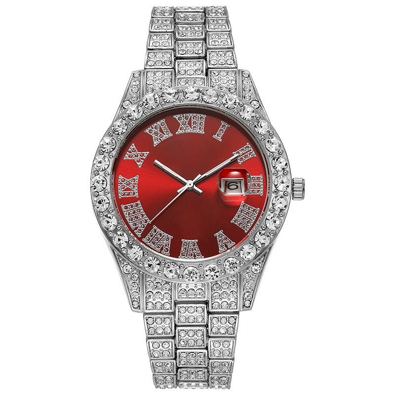 Hiphop watch European and American hot style men's steel belt hip-hop Roman scale diamond calendar men's quartz watch