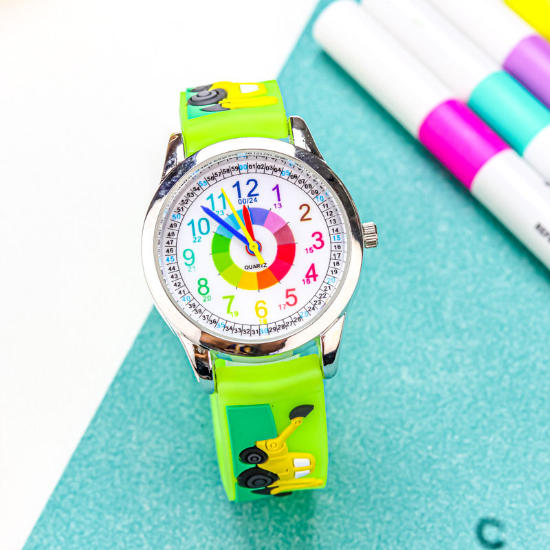 Cute elementary school student excavator watch children's fashion color circle children's waterproof quartz watch 24-hour system girl watch