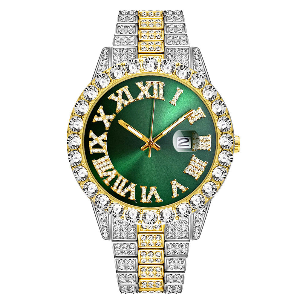 Foreign trade popular business large dial full of diamonds and sparkling steel band with calendar quartz watch (2pcs/set)