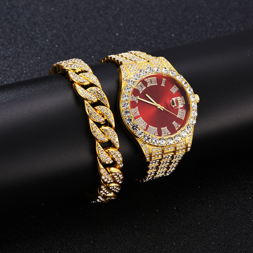 Foreign trade popular business large dial full of diamonds and sparkling steel band with calendar quartz watch (2pcs/set)