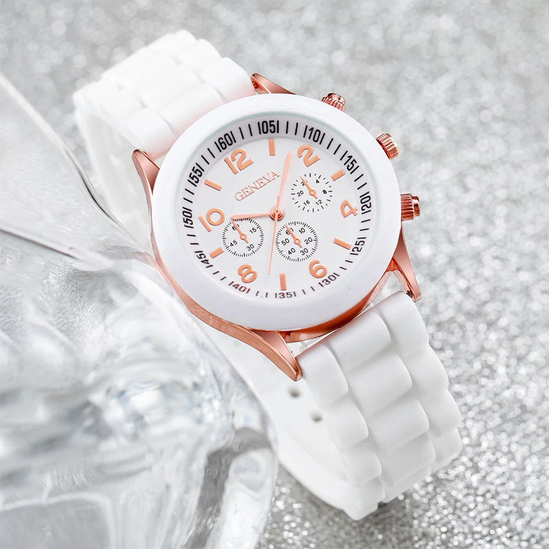 6PCS/set Women's Watch Fashion Silicone Strap Quartz Watch Pearl Heart Shape Jewelry Set (Without Box)