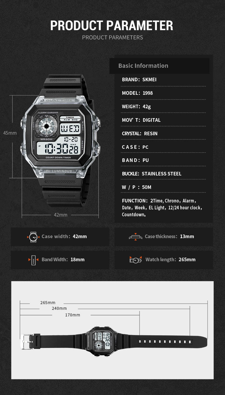 Men And Women Fashion Outdoor Sports Students Waterproof Multifunctional Electronic Watch