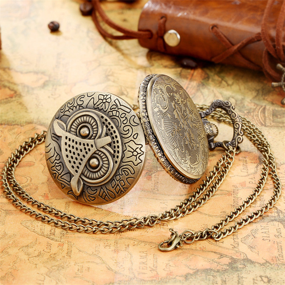 Vintage Bronze Large Owl Pattern Flip Cover Quartz Pocket Watch