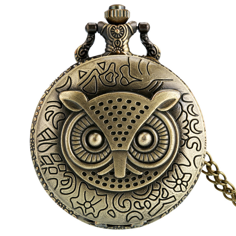 Vintage Bronze Large Owl Pattern Flip Cover Quartz Pocket Watch