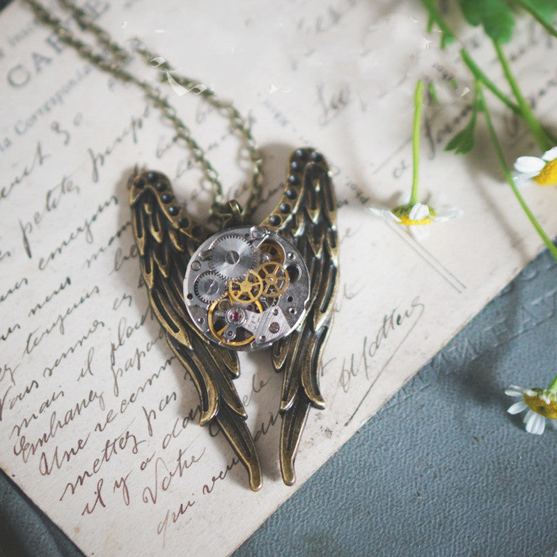 Vintage Steampunk Mechanical Watch Angel Wings Necklace