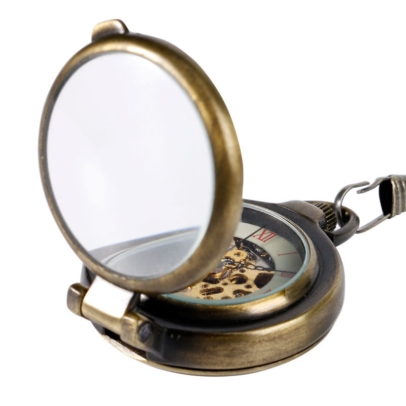 Vintage Bronze Flip Flap Red Roman Literal Manual Mechanical Pocket Watch