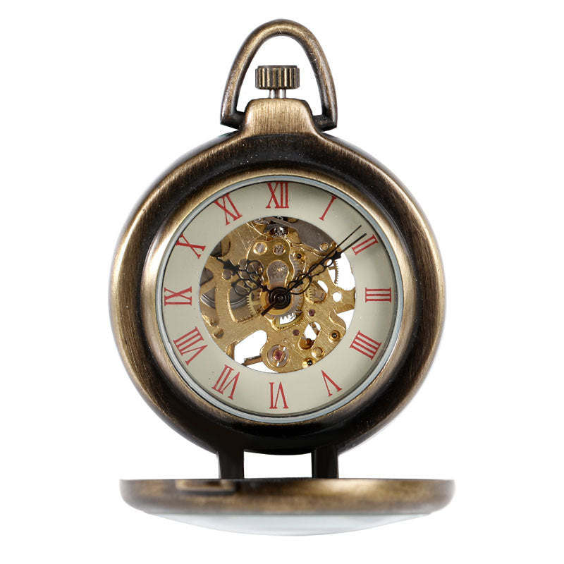 Vintage Bronze Flip Flap Red Roman Literal Manual Mechanical Pocket Watch