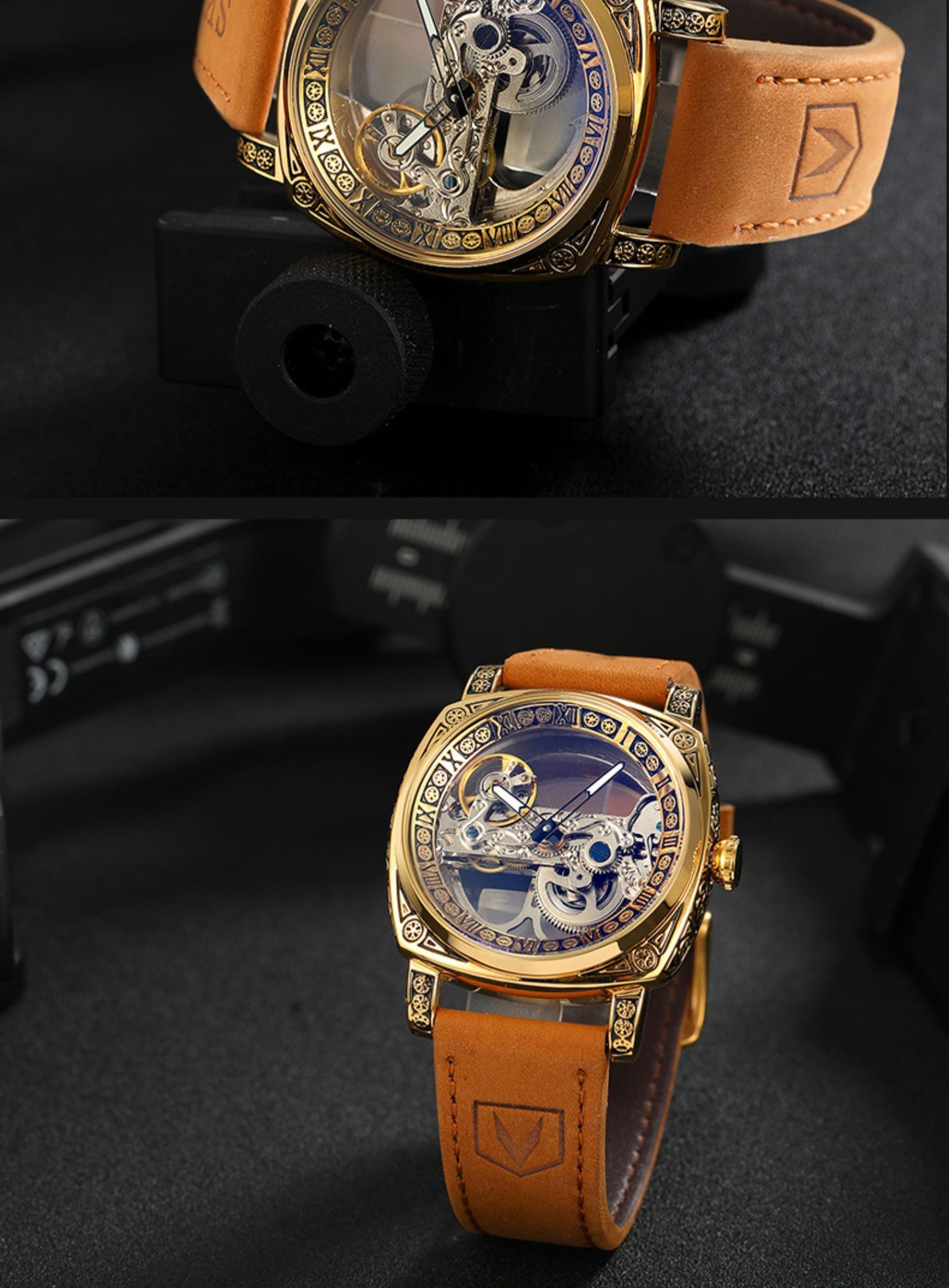 Orologio meccanico automatico con cintura in pelle di mucca vintage
