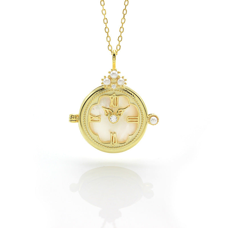 Craft Vintage Pocket Watch Necklace  Inlaid White Butterfly Shell Elegant Vintage