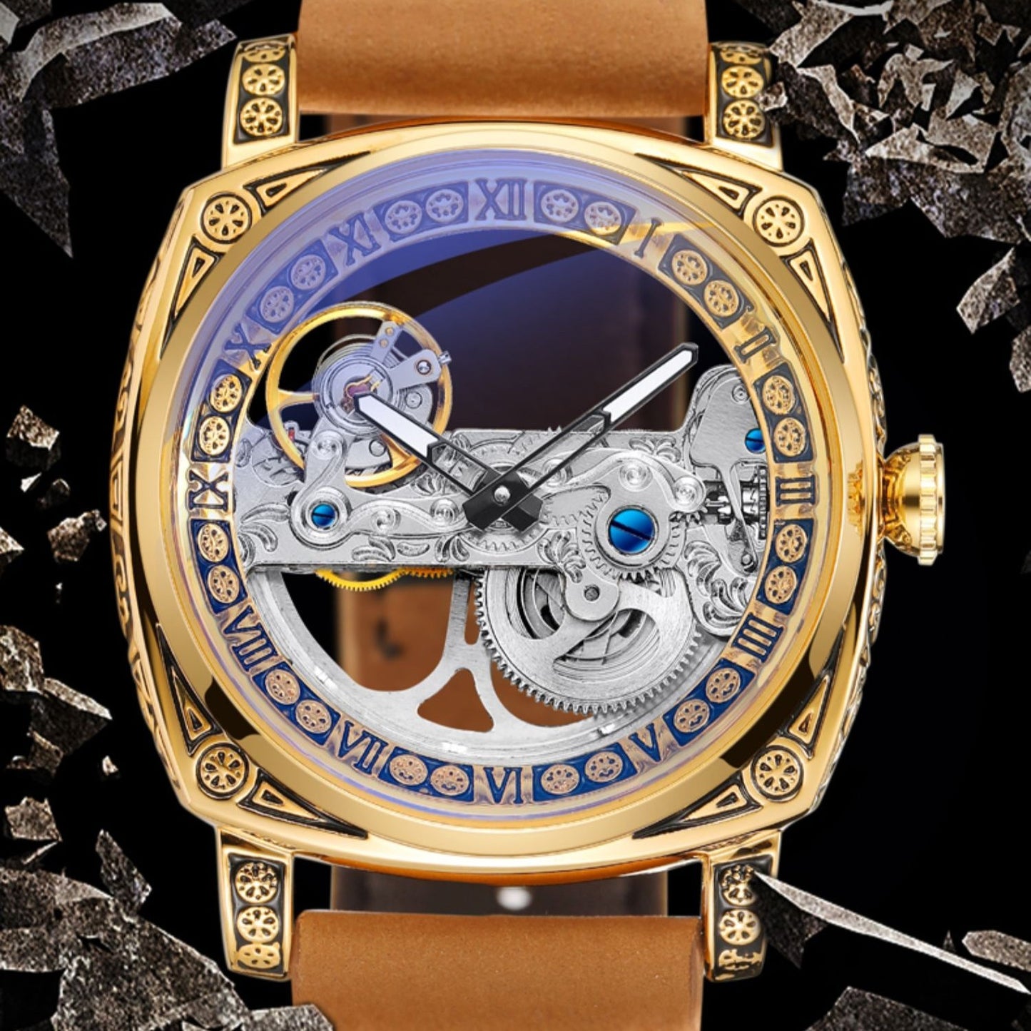 Orologio meccanico automatico con cintura in pelle di mucca vintage