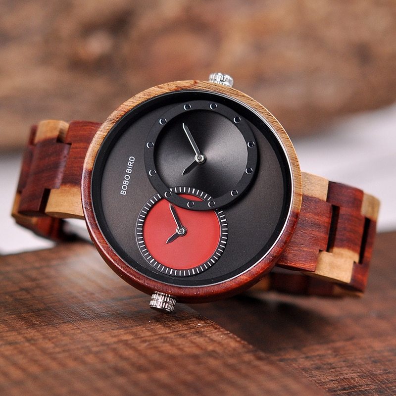 BOBO BIRD Thin Men Watch Original Wood Watches 2 Time Zone Display Quartz Wristwatch horloges mannen 