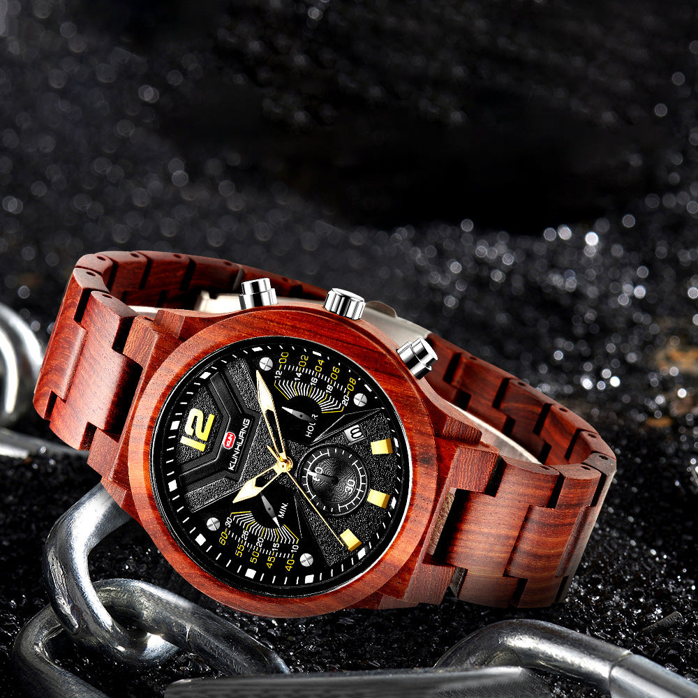 Overseas exclusively for Kunhuang new men's watch multi-function chronograph fashion sports quartz wood watch woodwatch