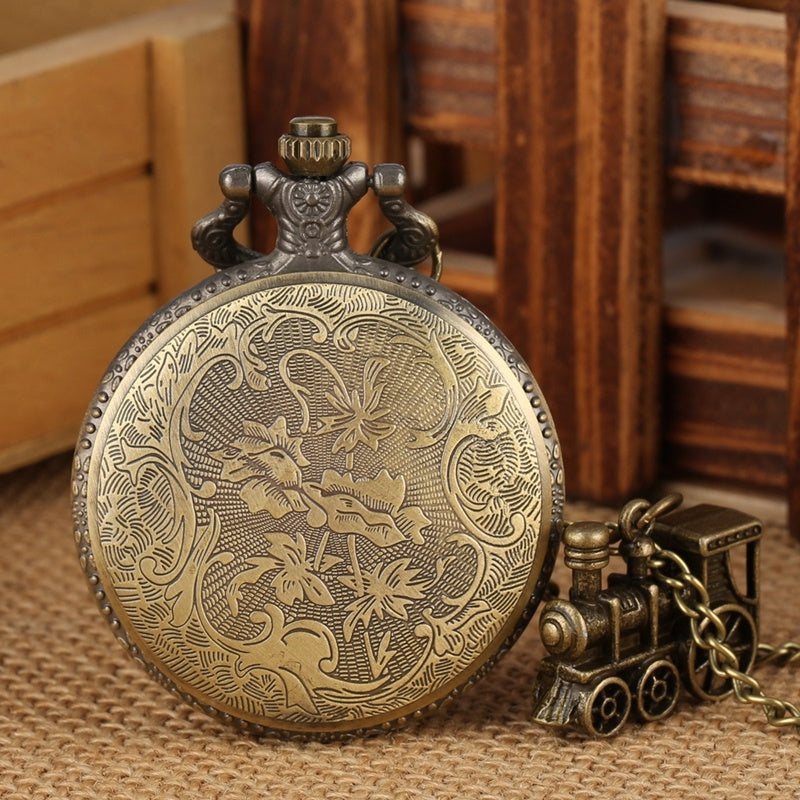 Vintage Bronze Train Accessory Quartz Necklace Pocket Watch