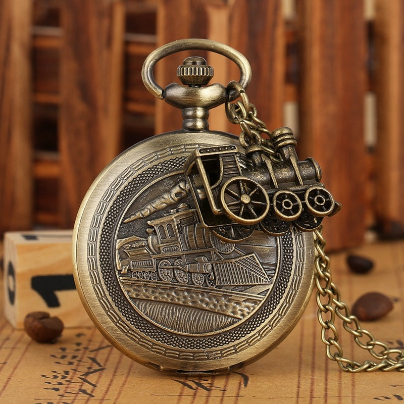 Vintage Bronze Train Accessory Quartz Necklace Pocket Watch