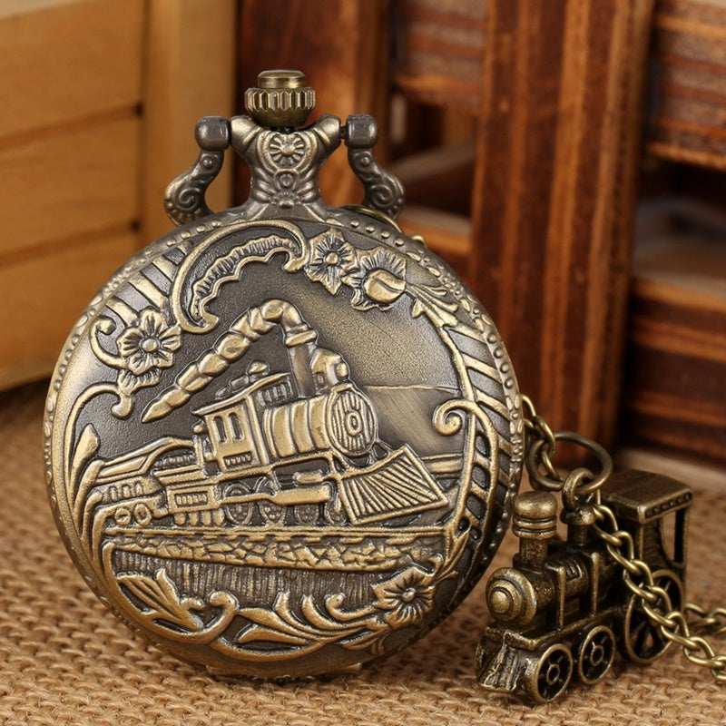 Vintage Bronze Train Accessory Quartz Necklace Pocket Watch