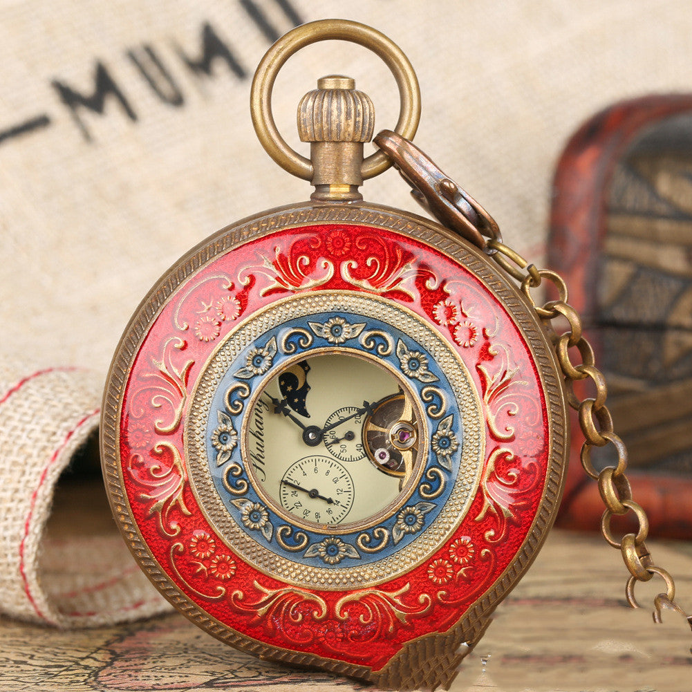 Flywheel Movement Pure Copper Mechanical Pocket Watch, Hollow Red And Blue Surface