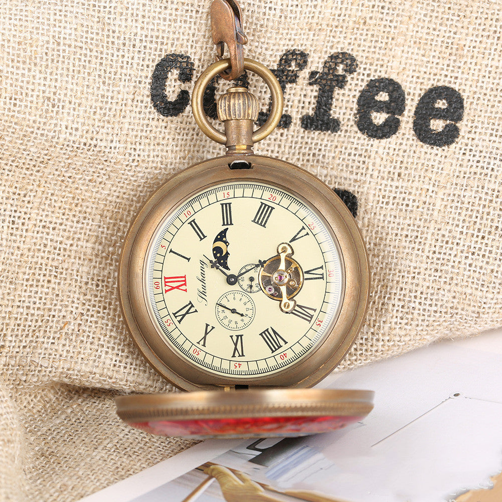 Flywheel Movement Pure Copper Mechanical Pocket Watch, Hollow Red And Blue Surface
