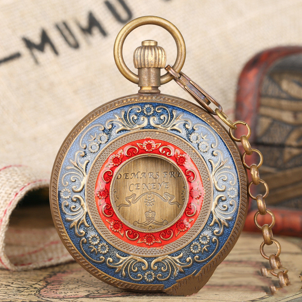 Flywheel Movement Pure Copper Mechanical Pocket Watch, Hollow Red And Blue Surface