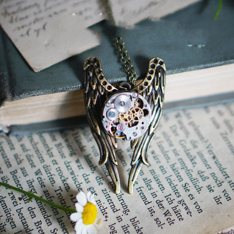 Vintage Steampunk Mechanical Watch Angel Wings Necklace
