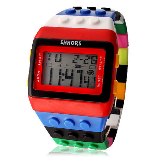 2023 Hot Selling LED Luminous Colorful Candy Color Watch Unisex Men's and Women's Sports Imitation Water Rainbow Building Blocks Electronic Watch