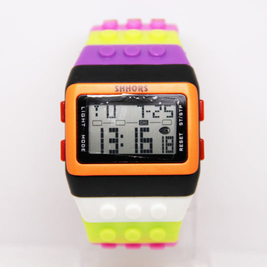 2023 Hot Selling LED Luminous Colorful Candy Color Watch Unisex Men's and Women's Sports Imitation Water Rainbow Building Blocks Electronic Watch