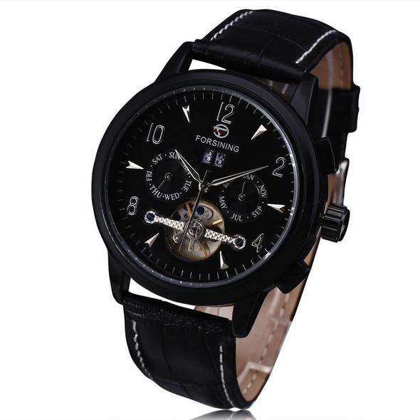 Calendar Hollow Mechanical Belt Watch Casual Three-eye Fashion Scale Mechanical Watch 557