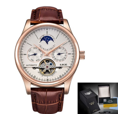 LIGE Men's Automatic Mechanical Watch Men's Strap Waterproof Multi-function Sports Watch Tourbillon Watch