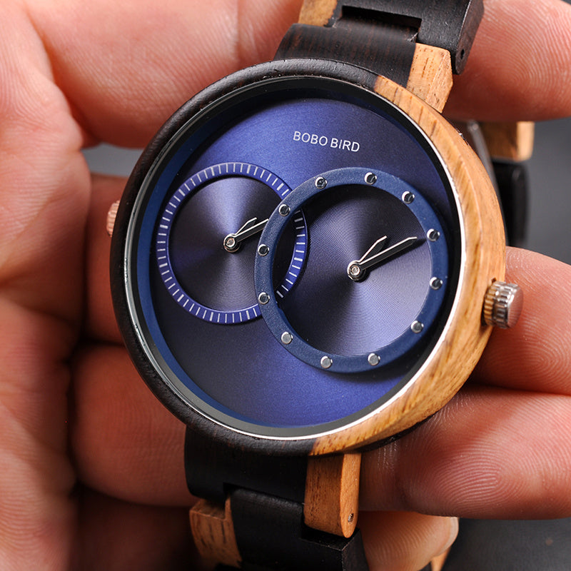 BOBO BIRD Thin Men Watch Original Wood Watches 2 Time Zone Display Quartz Wristwatch horloges mannen 