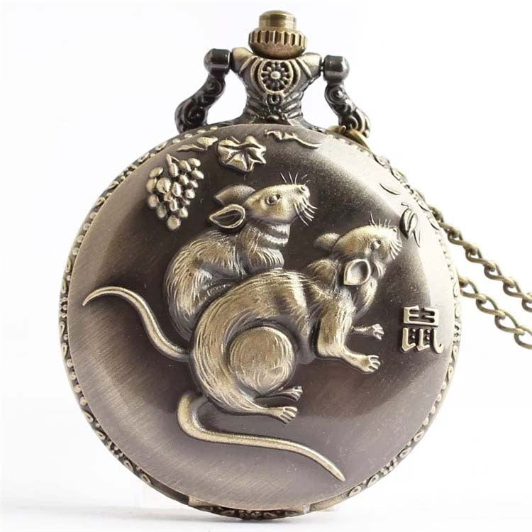 Bronze Retro Vintage Zodiac Quartz Pocket Watch