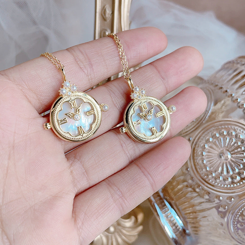 Craft Vintage Pocket Watch Necklace  Inlaid White Butterfly Shell Elegant Vintage