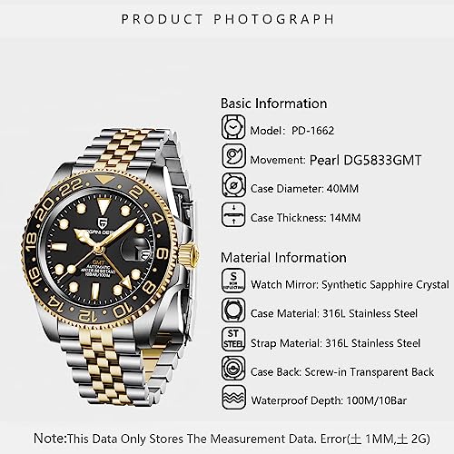 Pagani Design GMT Orologio da Uomo Orologio Meccanico Automatico Acciaio Inossidabile Impermeabile 100M, Data, Luminoso, Lunetta in Ceramica, Vetro Zaffiro Orologi da Polso