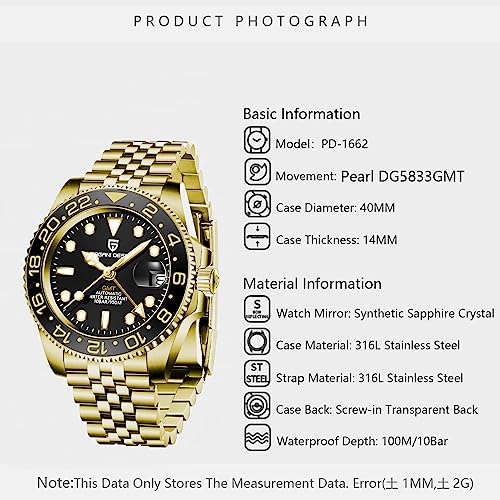 Pagani Design GMT Orologio da Uomo Orologio Meccanico Automatico Acciaio Inossidabile Impermeabile 100M, Data, Luminoso, Lunetta in Ceramica, Vetro Zaffiro Orologi da Polso