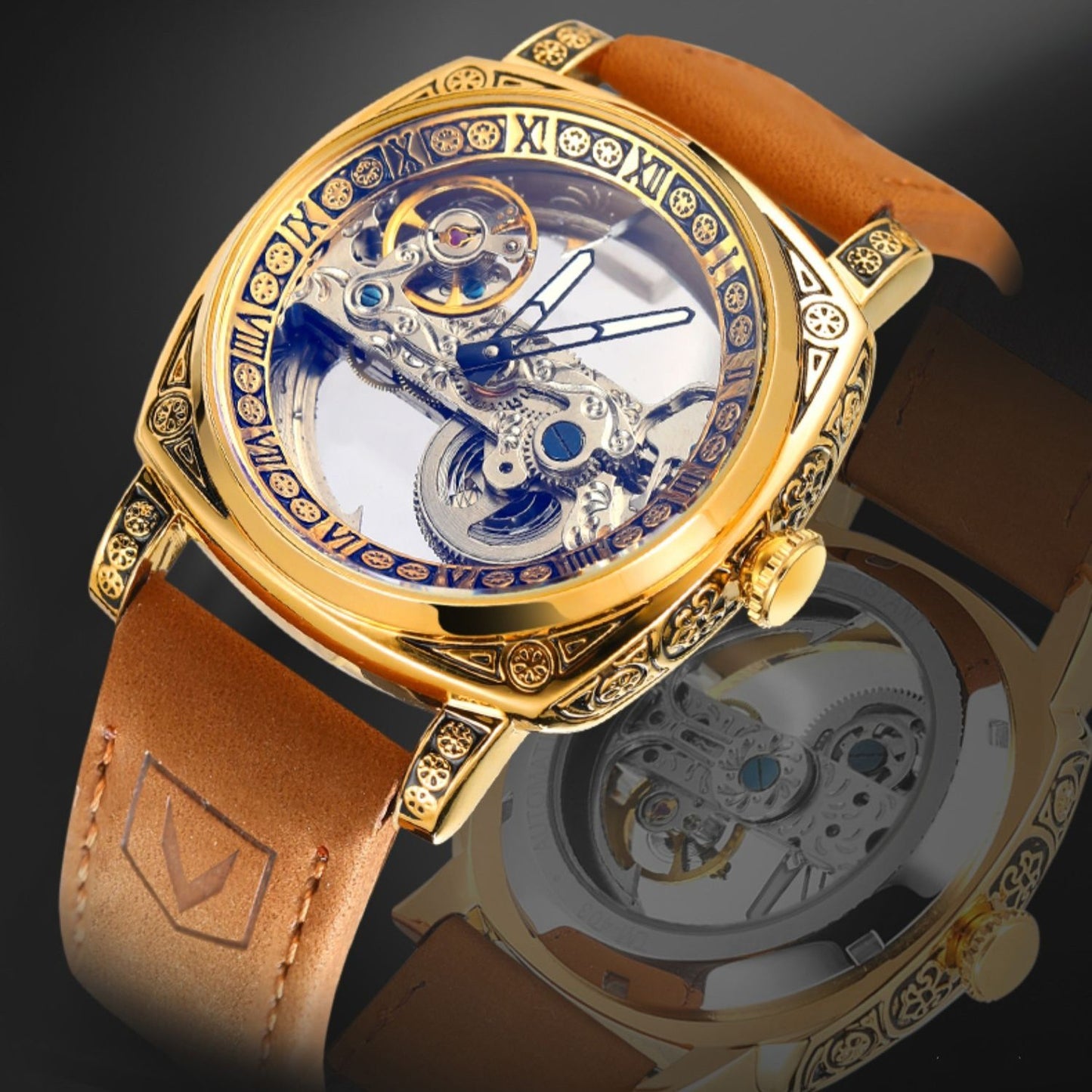Orologio meccanico automatico con cintura in pelle di mucca vintage