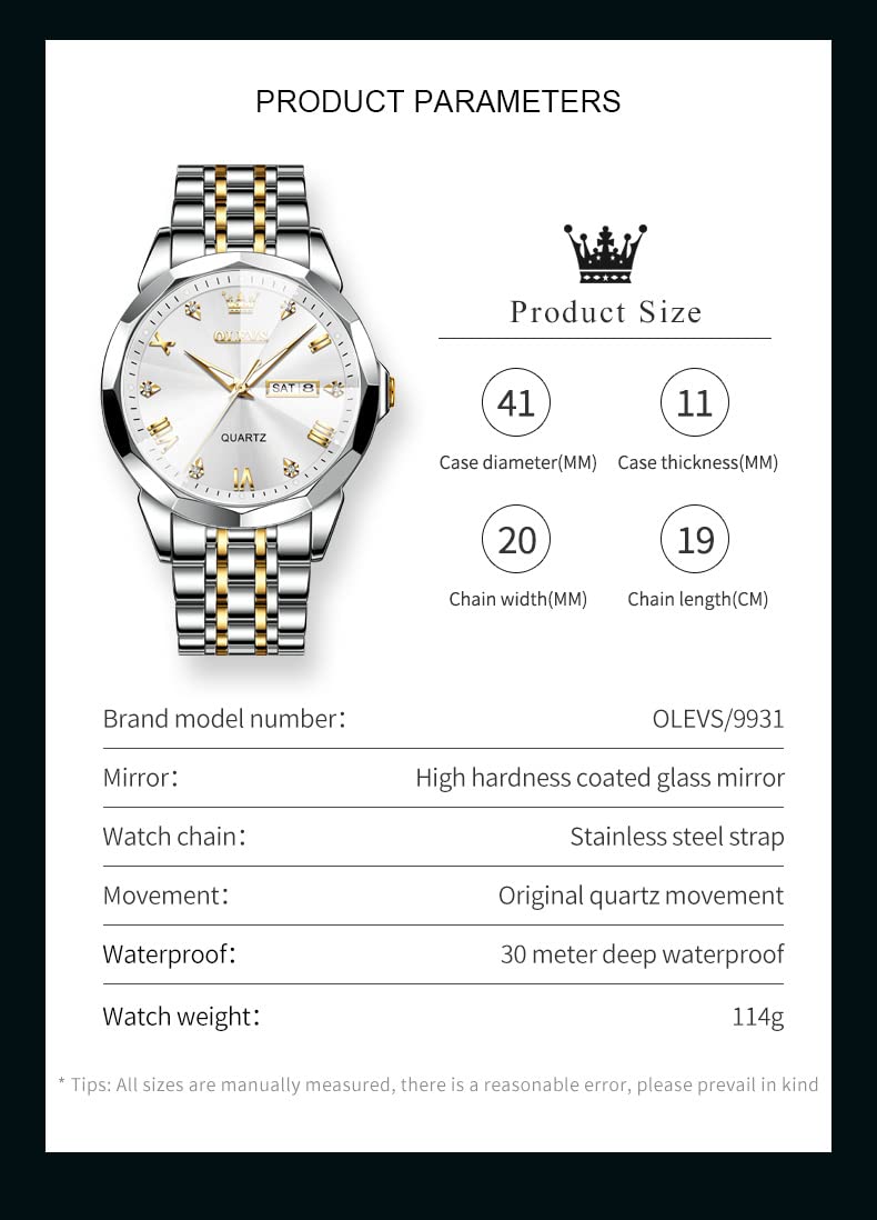 OLEVS Male Wrist Watches, Analog Quartz Business Stainless Steel Waterproof Luminous Watches Luxury Casual Big Diamond Dial Date Multi-Function Chronograph Watches for Man 