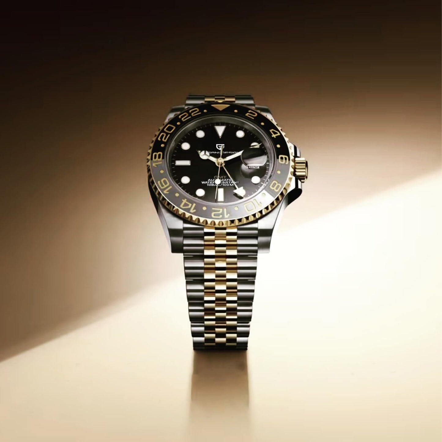 Pagani Design GMT Orologio da Uomo Orologio Meccanico Automatico Acciaio Inossidabile Impermeabile 100M, Data, Luminoso, Lunetta in Ceramica, Vetro Zaffiro Orologi da Polso
