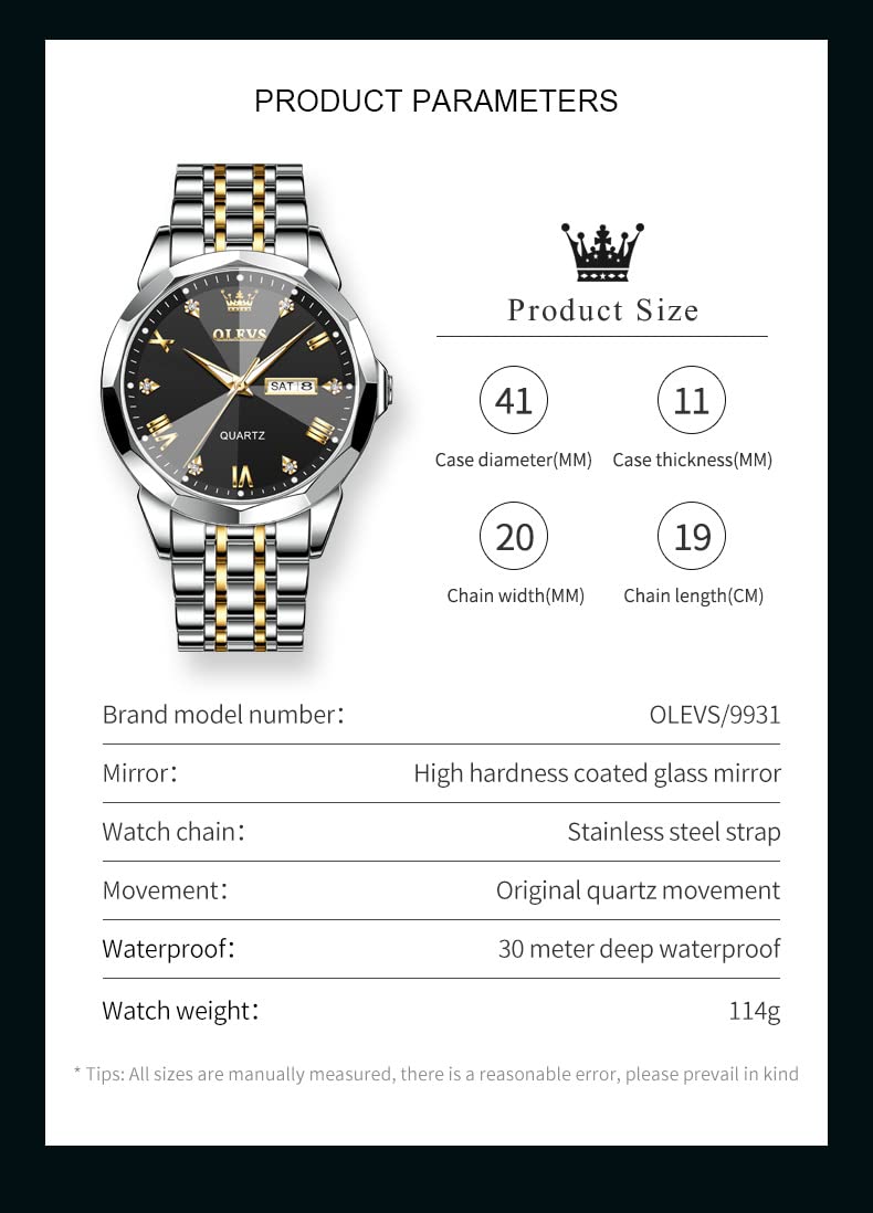 OLEVS Male Wrist Watches, Analog Quartz Business Stainless Steel Waterproof Luminous Watches Luxury Casual Big Diamond Dial Date Multi-Function Chronograph Watches for Man 