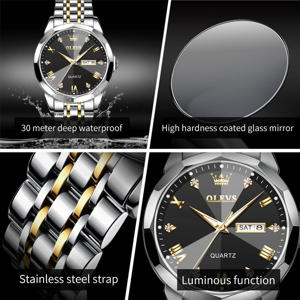 OLEVS Male Wrist Watches, Analog Quartz Business Stainless Steel Waterproof Luminous Watches Luxury Casual Big Diamond Dial Date Multi-Function Chronograph Watches for Man 