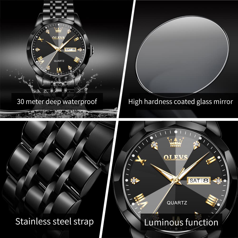OLEVS Male Wrist Watches, Analog Quartz Business Stainless Steel Waterproof Luminous Watches Luxury Casual Big Diamond Dial Date Multi-Function Chronograph Watches for Man 